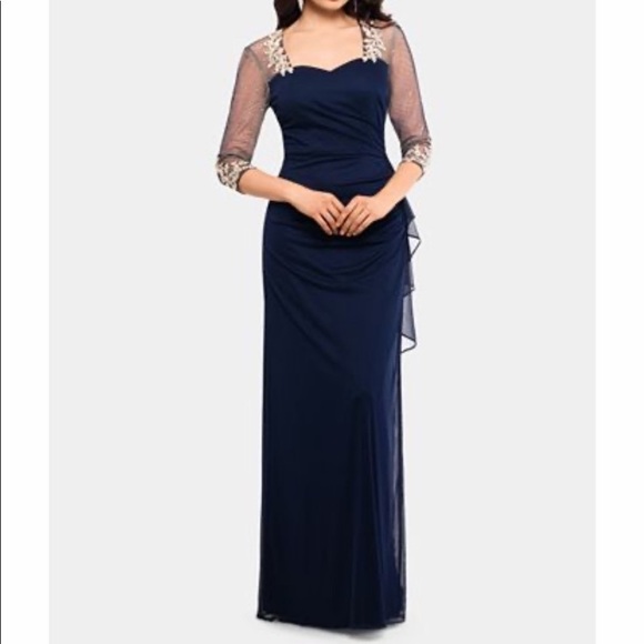xscape navy gold dress Xscape Floral Embroidered Lace Fit And Flare Dress Navy Blue Gold 12